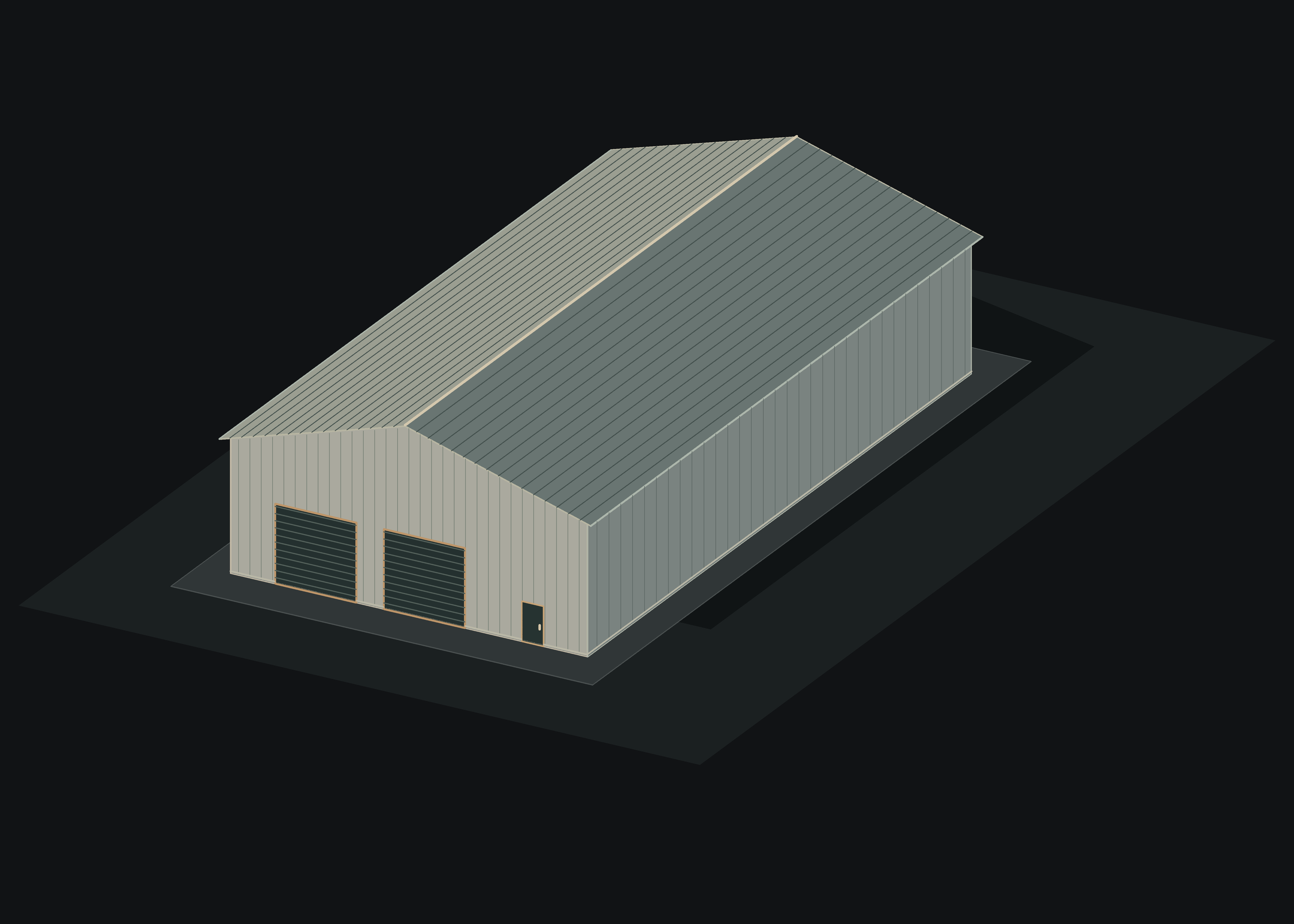Ilustración conceptual de una nave rectangular con cubierta a dos aguas, dos portones y puerta peatonal